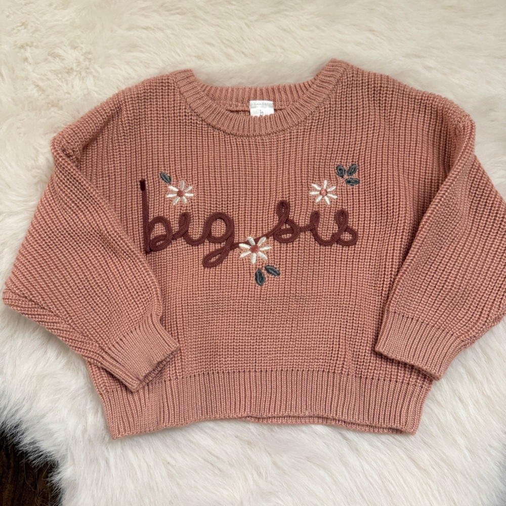 Pink Knit Big Sister Sweater with Floral Embroidery
